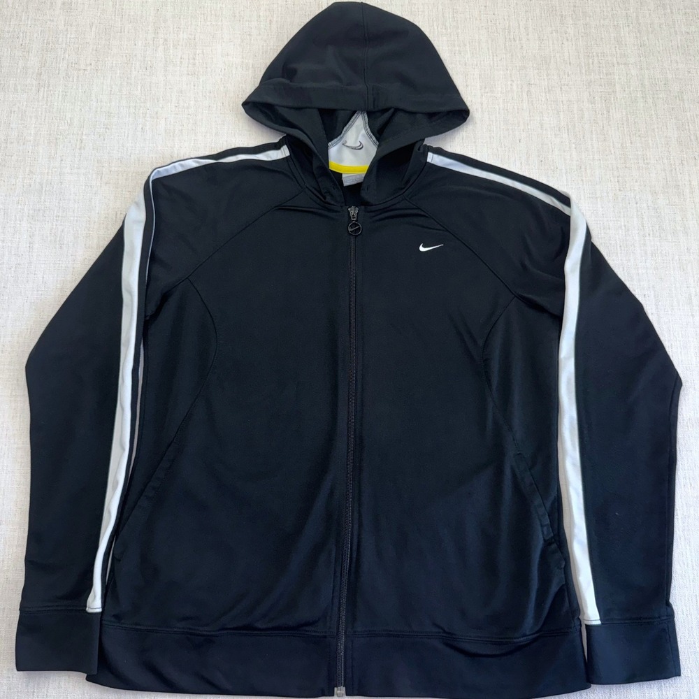 Nike Womens XL Full Zip Hooded Track Jacket Black White Stripe Athletic RN56323‎